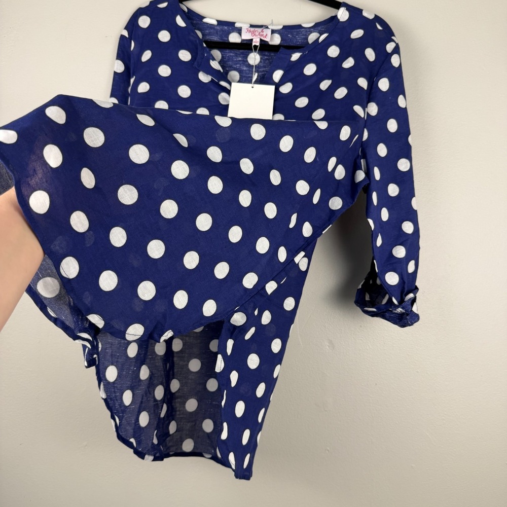 Hester & Orchard Blouse Women's Large Navy White Polka Dot 3/4 Sleeve Pullover - Picture 10 of 15